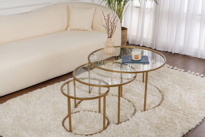 Aurum Juego de 3 Mesas de Café Redondas 80, 60, 42 cm Doradas y Transparentes